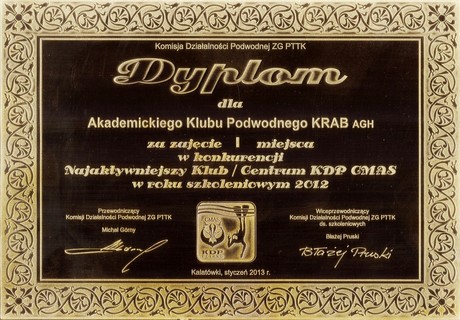 Dyplom dla najlepszego centrum nurkowego w 2012 roku przyznany Klubowi przez Komisję Działalności Podwodnej.